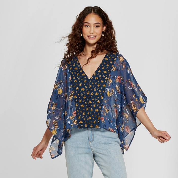 Women's Short Button Front Sheer Twin Print Kimono - Xhilaration Navy