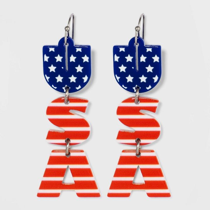 No Brand Star And Stripe Printed Usa Drop Earrings,