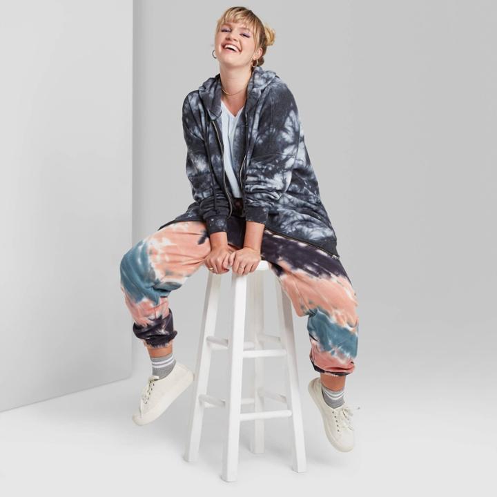 Women's Plus Size Tie-dye Oversized Zip-up Hoodie - Wild Fable Black/white 1x, Women's,