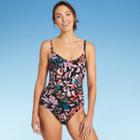Women's Seamed Front Shirred One Piece Swimsuit - Aqua Green