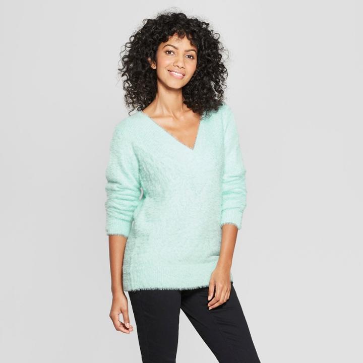 Women's V-neck Eyelash Pullover Sweater - A New Day