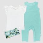 Honest Baby 3pc Organic Cotton Romper Flutter T-shirt And Headband Set - Light Aqua Blue
