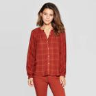 Women's Plaid 3/4 Sleeve Crewneck Button Front Peasant Top - Universal Thread Rust