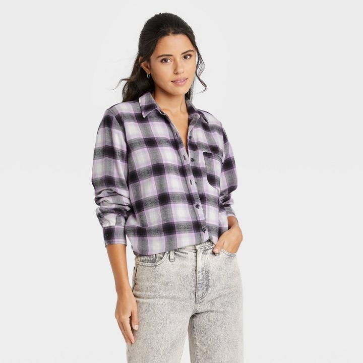 Women's Long Sleeve Flannel Button-down Shirt - Universal Thread Purple Plaid