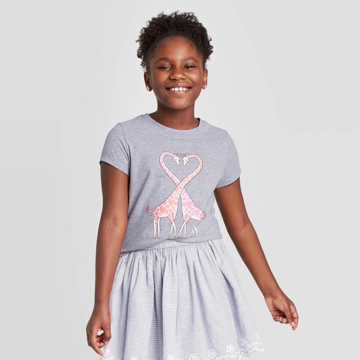 Petitegirls' Short Sleeve Giraffe Heart Graphic T-shirt - Cat & Jack Heather Gray S, Girl's,