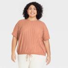 Women's Plus Size Dolman Short Sleeve Plisse Top - A New Day Tan