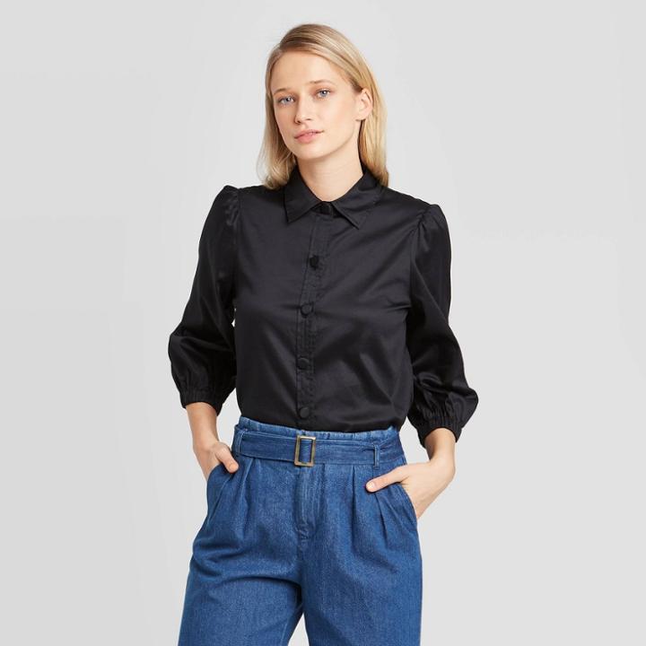 Women's 3/4 Sleeve Collared Femme Utility Blouse - Who What Wear Black Xs, Women's, Black/white
