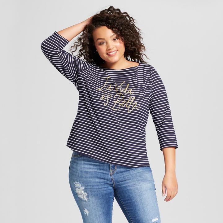 Women's Plus Size Striped 3/4 Sleeve Boatneck T-shirt - A New Day Navy (blue) X