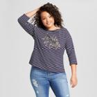 Women's Plus Size Striped 3/4 Sleeve Boatneck T-shirt - A New Day Navy (blue) X