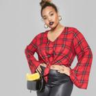 Women's Plus Size Plaid Bell Sleeve Tie-front Woven Top - Wild Fable Red