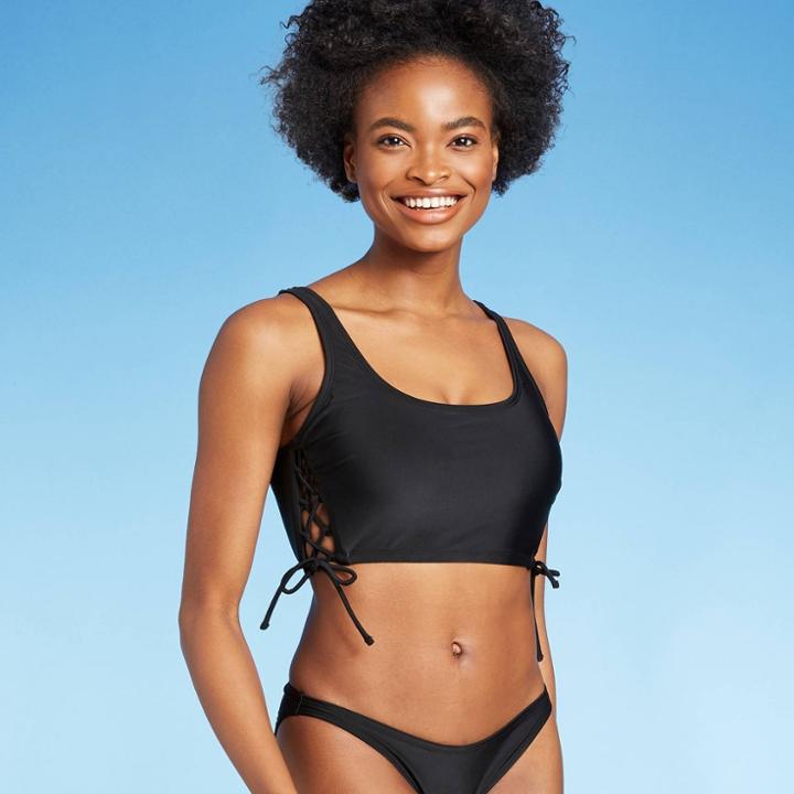 Juniors' Lace-up Longline Bralette Bikini Top - Xhilaration Black D/dd Cup