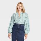 Women's Balloon Long Sleeve Popover Blouse - A New Day Blue Plaid