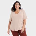 Women's Plus Size Short Sleeve V-neck Drapey T-shirt - A New Day Beige
