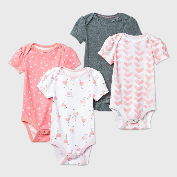 Baby Girls' 4pk Flamingo Parade Short Sleeve Bodysuit - Cloud Island Pink/white/gray