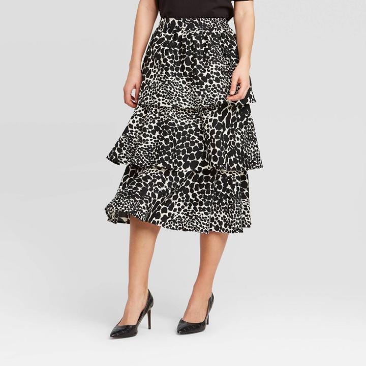 Women's Leopard Print Mid-rise Tiered Ruffle Midi Skirt - Who What Wear Black/white