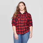 Women's Plus Size Plaid Long Sleeve Collared Flannel Top - Universal Thread Red