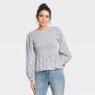 Women's Floral Print Puff 3/4 Sleeve Smocked Blouse - Universal Thread Navy