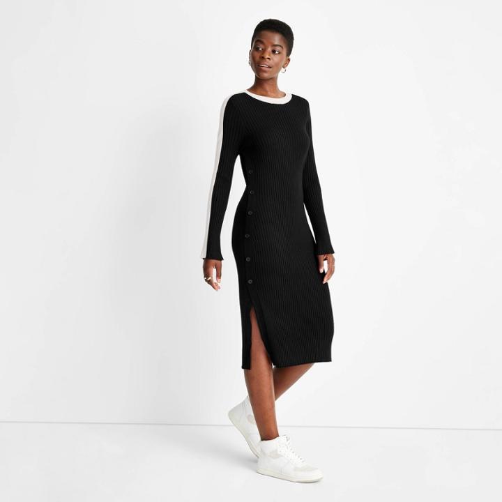 Women's Ribbed Long Sleeve Side Button Sweater Dress - Future Collective With Kahlana Barfield Brown Black Xxs