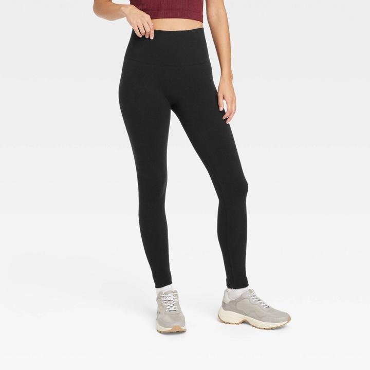 Women's High-waist Cotton Seamless Fleece Lined Leggings - A New Day Black