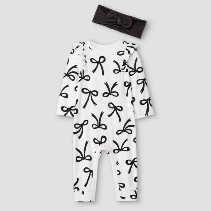 Baby Girls' Rib Bow Romper With Headband - Cat & Jack Cream Newborn, Ivory