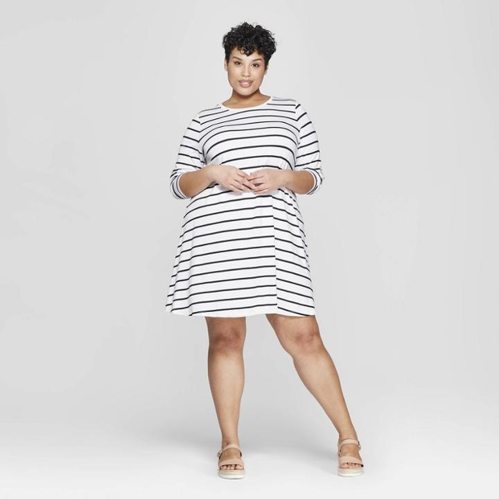 Women's Plus Size Striped Long Sleeve Knit Swing Dress - Ava & Viv Black/white X, Gray