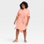 Women's Plus Size Long Sleeve Tie Waist Shirtdress - A New Day Coral