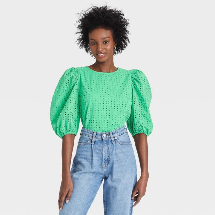 Women's Short Puff Sleeve Eyelet Top - A New Day Green