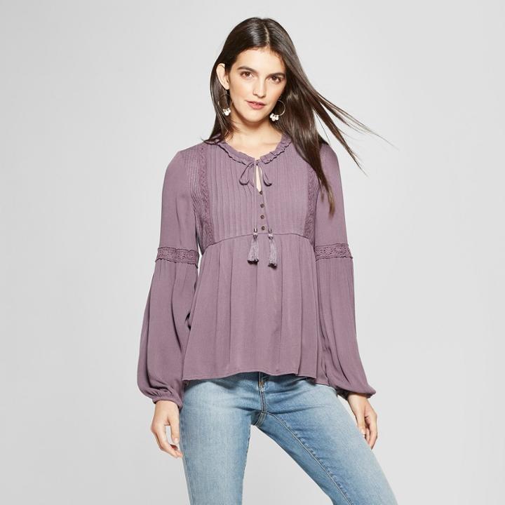 Women's Long Sleeve Knit To Woven Peasant Top With Tassel - Knox Rose Fig