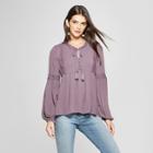 Women's Long Sleeve Knit To Woven Peasant Top With Tassel - Knox Rose Fig