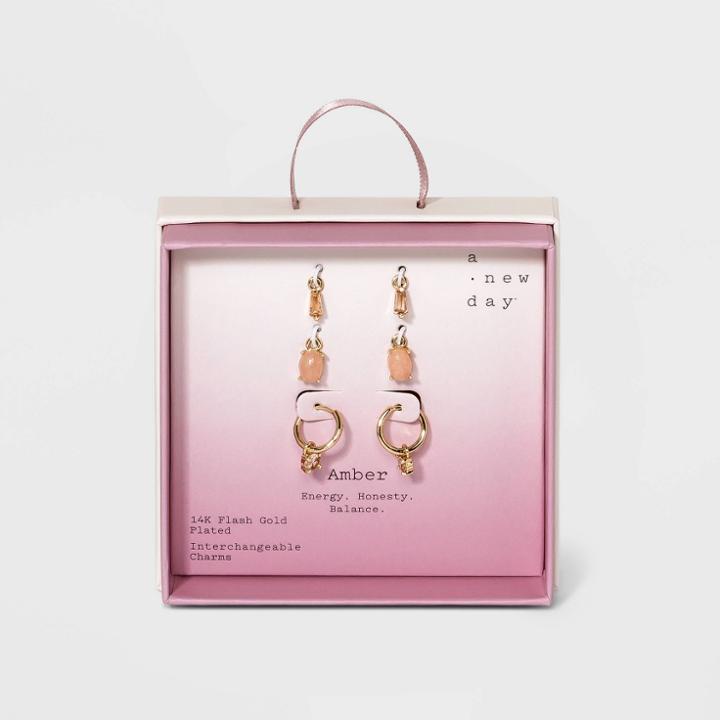 Silver Plated Cubic Zirconia Interchangeable Charm Gold Hoop Earrings - A New Day Amber