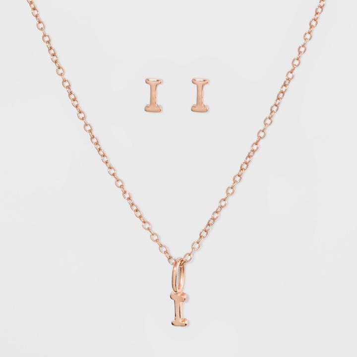 Sterling Silver Initial I Earrings And Necklace Set - A New Day Rose Gold, Girl's, Rose Gold - I