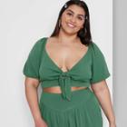 Women's Plus Size Puff Short Sleeve Woven Tie-front Blouse - Wild Fable Deep Emerald