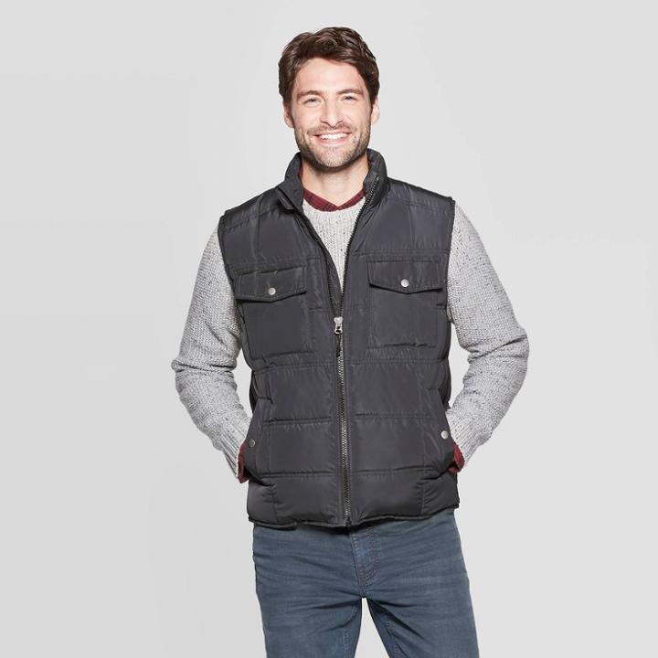 Men's Standard Fit Sleeveless Quilted Midweight Vest - Goodfellow & Co Gray M,