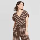 Women's Striped Short Sleeve V-neck Tie Back Wrap Top - Xhilaration Black