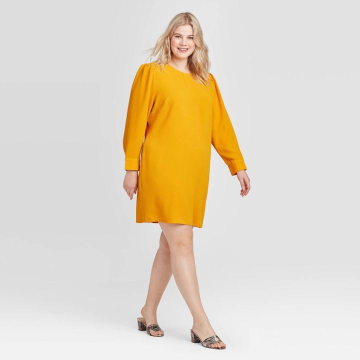 Women's Plus Size Long Sleeve Boat Neck Puff Shoulder A Line Mini Dress - Who What Wear Yellow 1x, Women's,