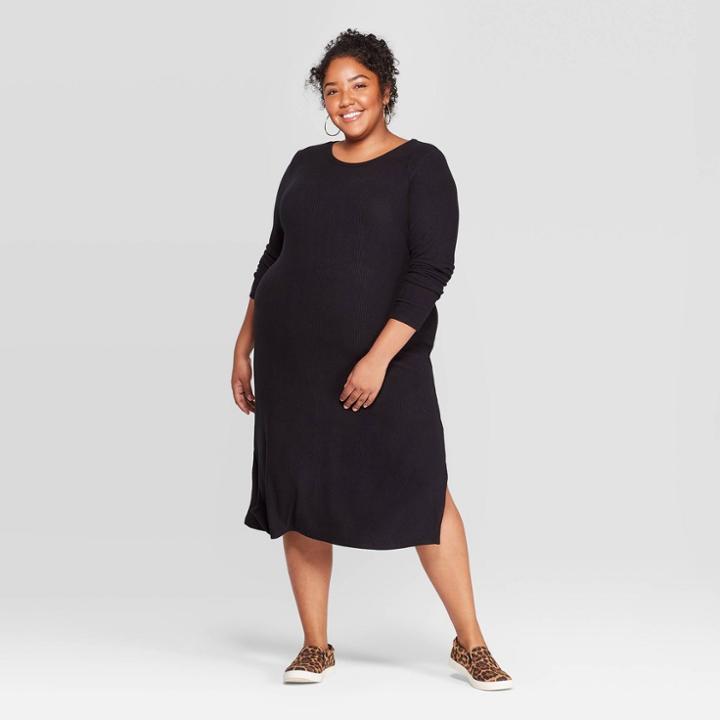 Women's Plus Size Long Sleeve Scoop Neck Ribbed Knit Dress - Ava & Viv Black X