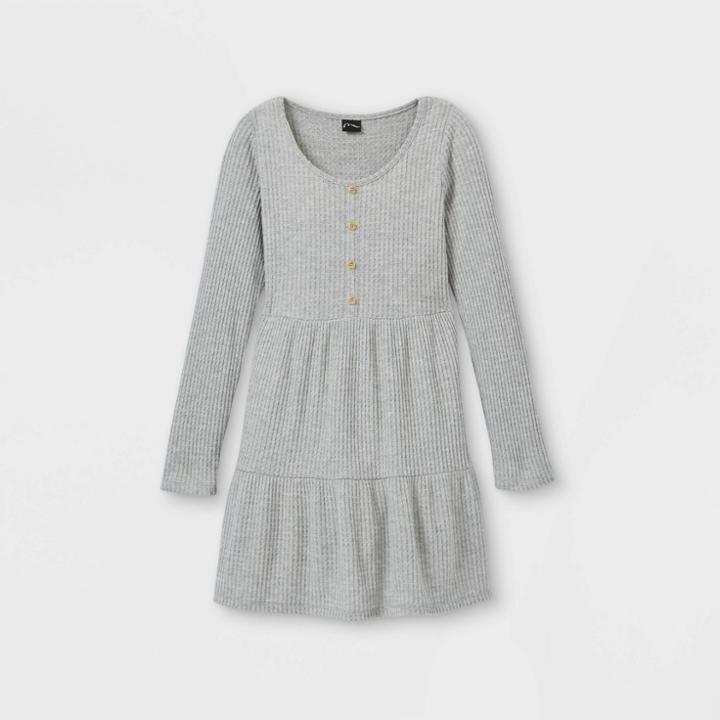 Girls' Waffle Tiered Long Sleeve Dress - Art Class Gray