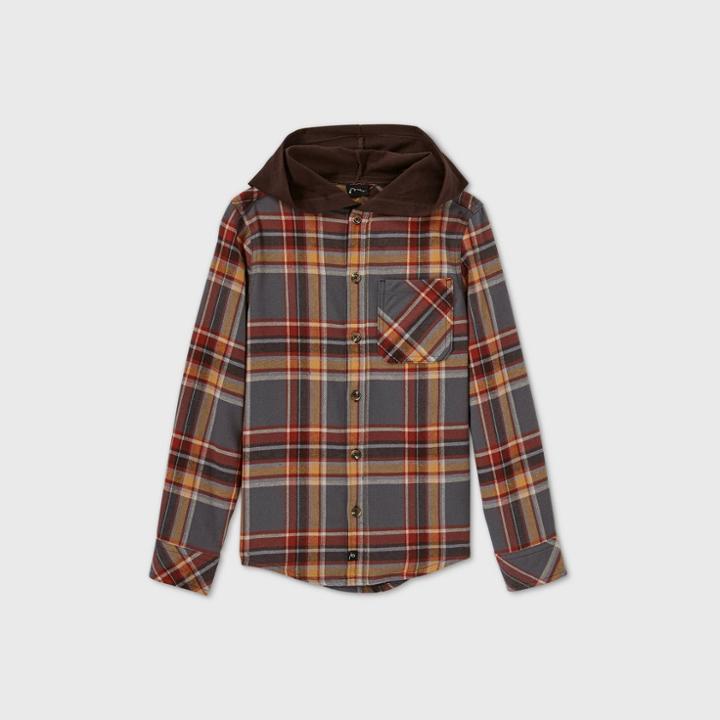 Boys' Long Sleeve Hooded Button-down Shirt - Art Class Gray/orange
