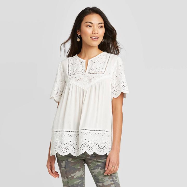 Women's Short Sleeve Eyelet Top - Knox Rose White