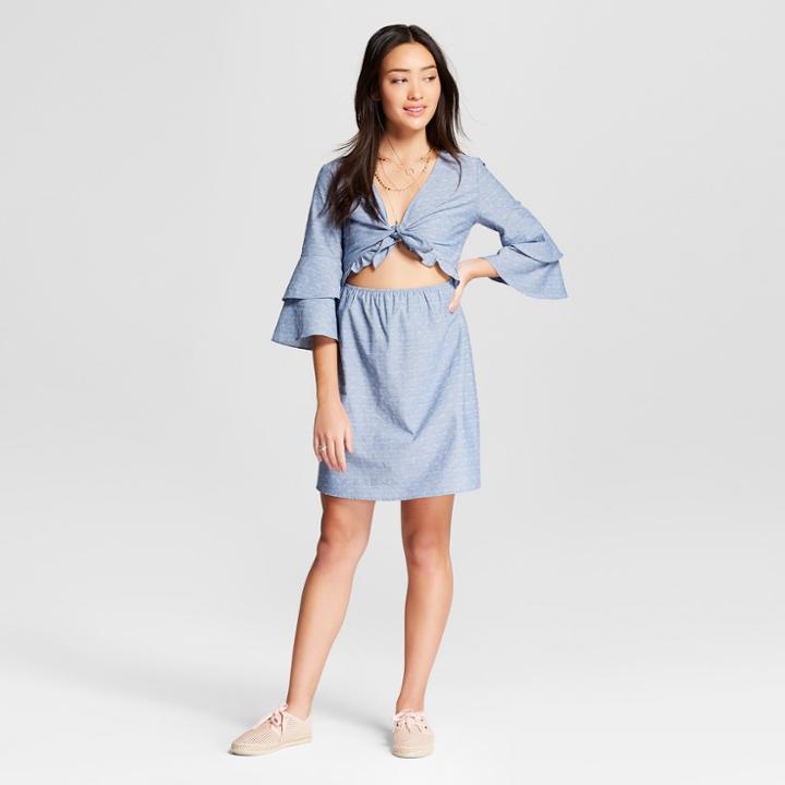 Women's Front Tie Dress With Tiered Sleeves - Le Kate (juniors') Blue