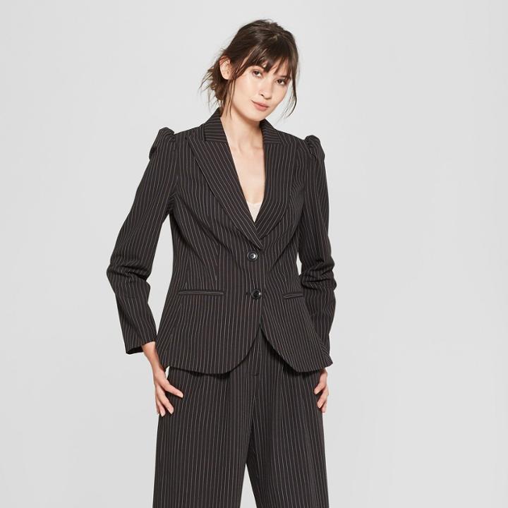 Women's Pinstriped Long Sleeve Strong Shoulder Collared Blazer - Prologue Black