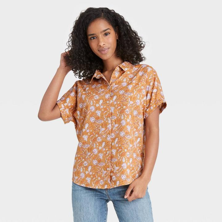 Women's Floral Print Dolman Short Sleeve Button-down Shirt - Universal Thread Yellow