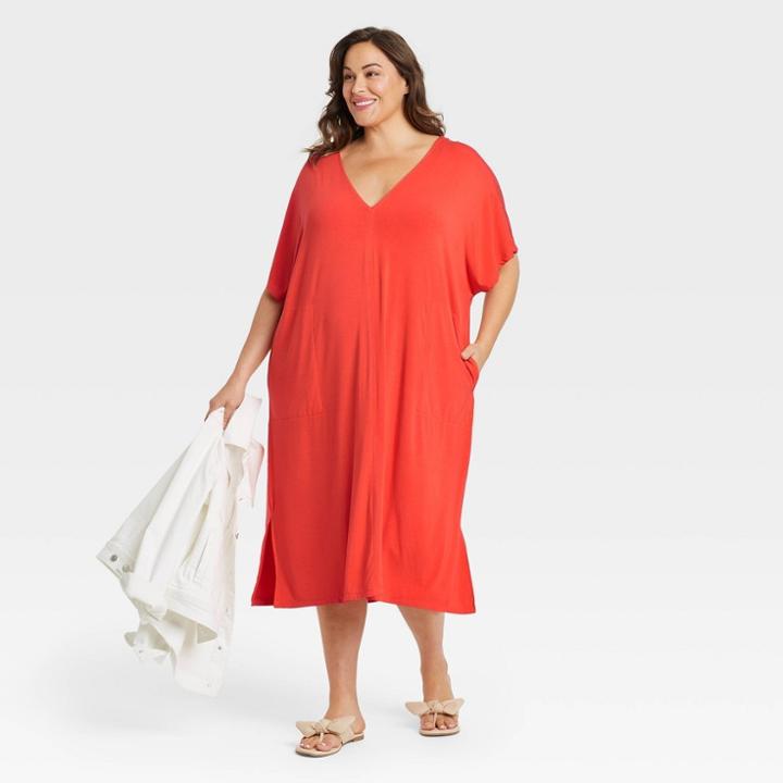 Women's Plus Size Dolman Short Sleeve Dress - Ava & Viv Red
