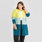 Women's Plus Size Color Block Open-front Cozy Cardigan - A New Day Lime/green/blue 3x, Green/green/blue