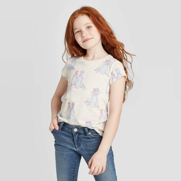 Disney Girls' Frozen Sisters Aop T-shirt - Cream Xs, Girl's, Beige