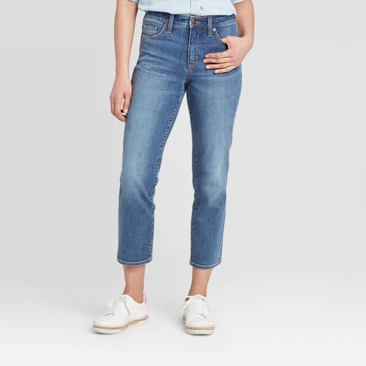 Women's High-rise Striped Straight Cropped Jeans - Universal Thread Medium Blue
