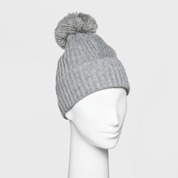 Women's Ribbed Cuff Pom Beanie - A New Day Gray