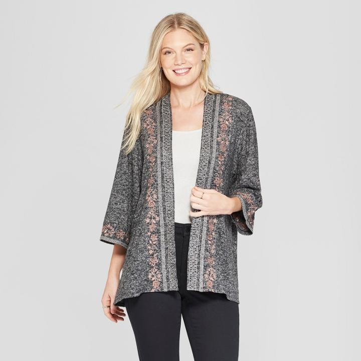 Women's Long Sleeve Embroidered Open Layer Kimono Jacket - Knox Rose Charcoal