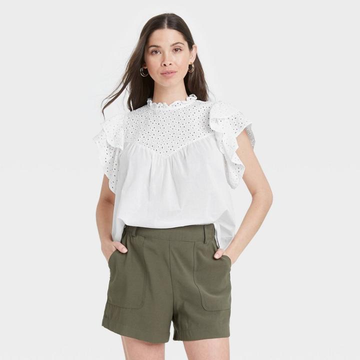 Women's Flutter Short Sleeve Eyelet Top - A New Day White