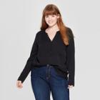 Women's Plus Size Long Sleeve V-neck Camp Shirt - Universal Thread Black